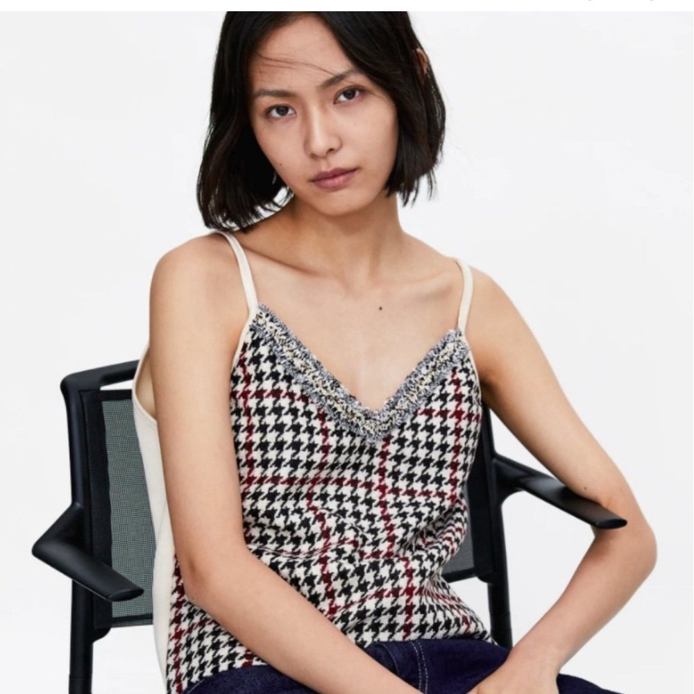 Zara Contrast Cream Houndstooth Camisole Top Suede Medium‎